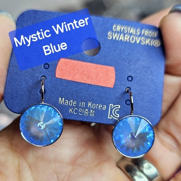 Made W SWAROVSKI ELEMENT CRYSTALS Mystic Winter Blue Leverback. New! 13mm. Bling